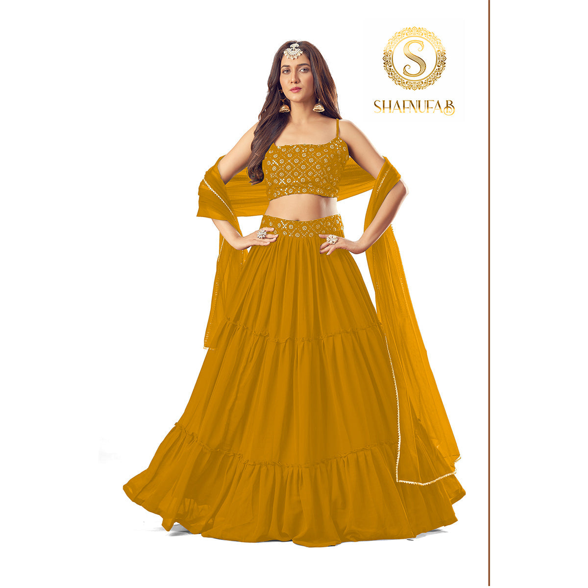 Shafnufab Yellow Colour Georgette Semi Stitched Wedding Lehenga Choli