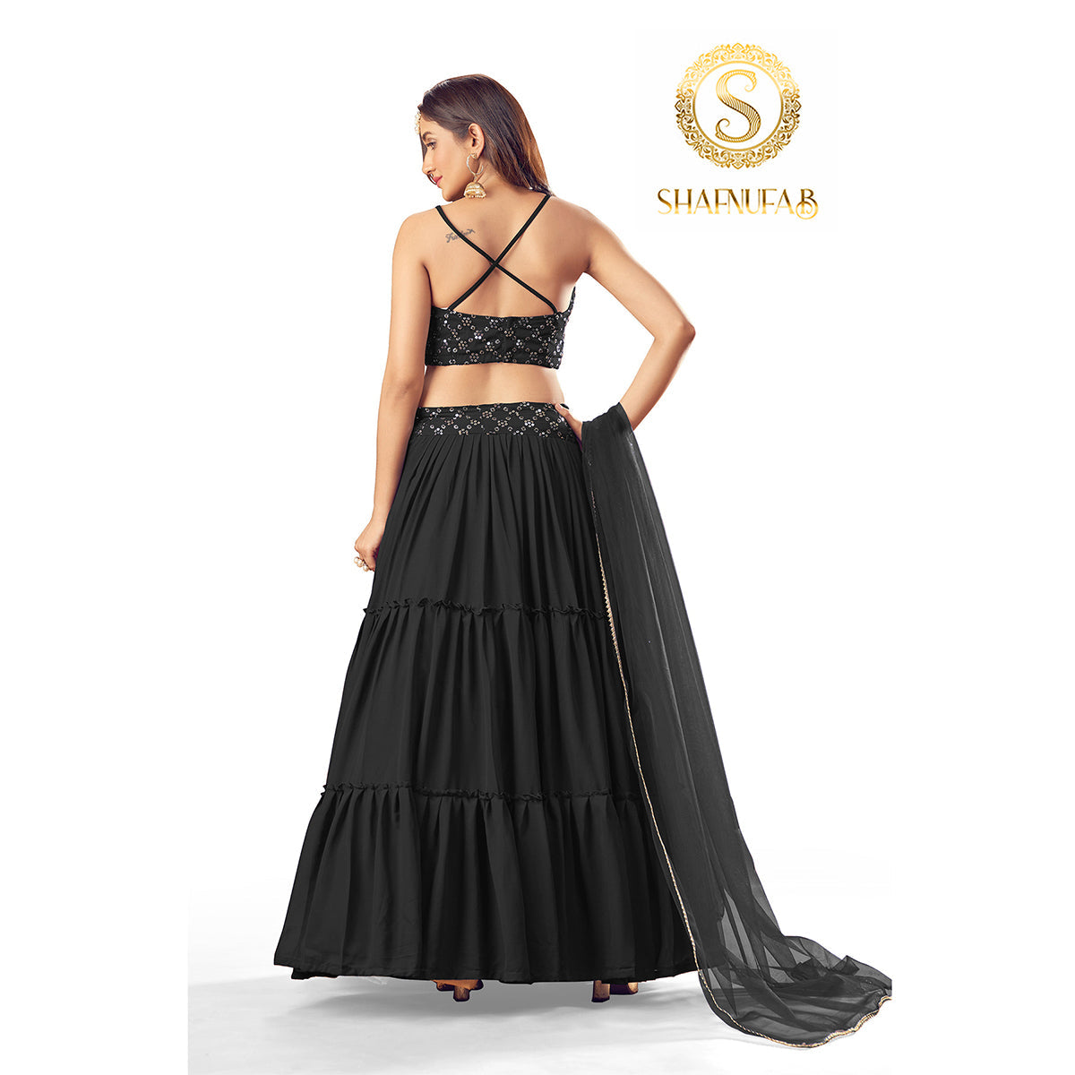 Shafnufab Women's Georgette Black Colour Partywear Lehenga Choli