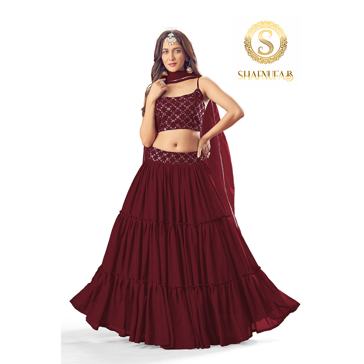 Shafnufab Women's Georgette Mahroom Colour Partywear Lehenga Choli