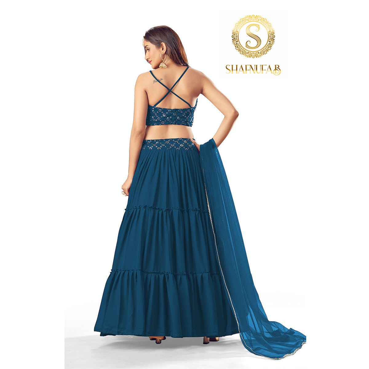 Shafnufab Women's Georgette Turquoise Colour Partywear Lehenga Choli