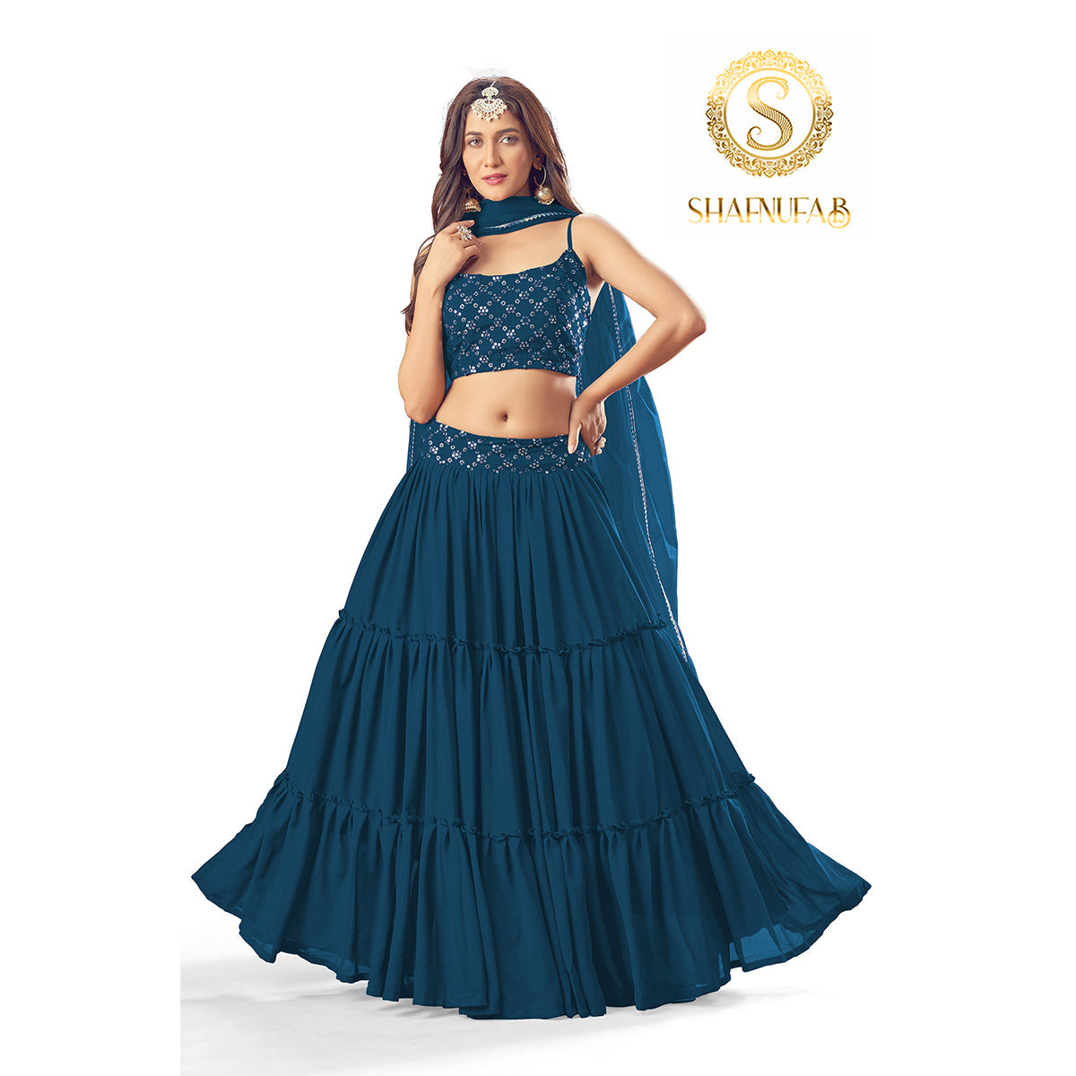 Shafnufab Women's Georgette Turquoise Colour Partywear Lehenga Choli