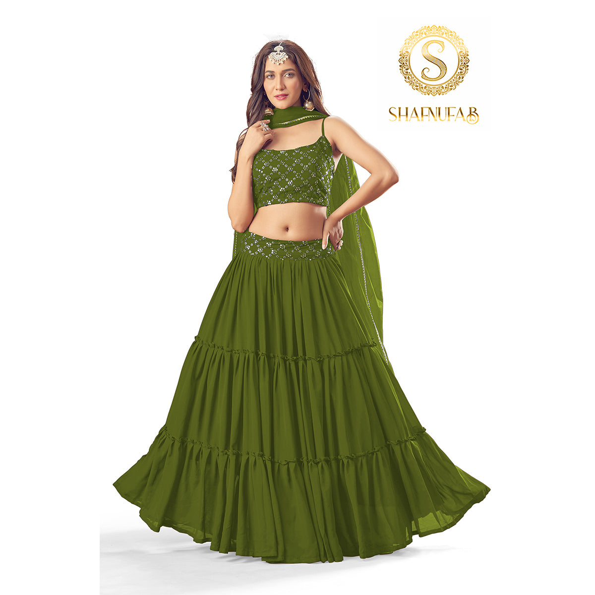 Shafnufab Women's Georgette Mahnadi Colour Partywear Lehenga Choli