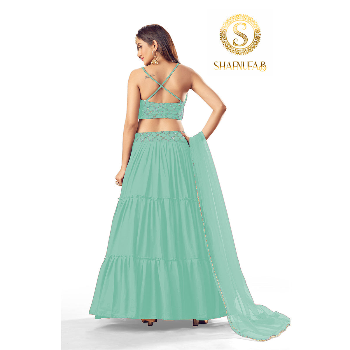 Shafnufab Women's Georgette Sky Blue Colour Partywear Lehenga Choli