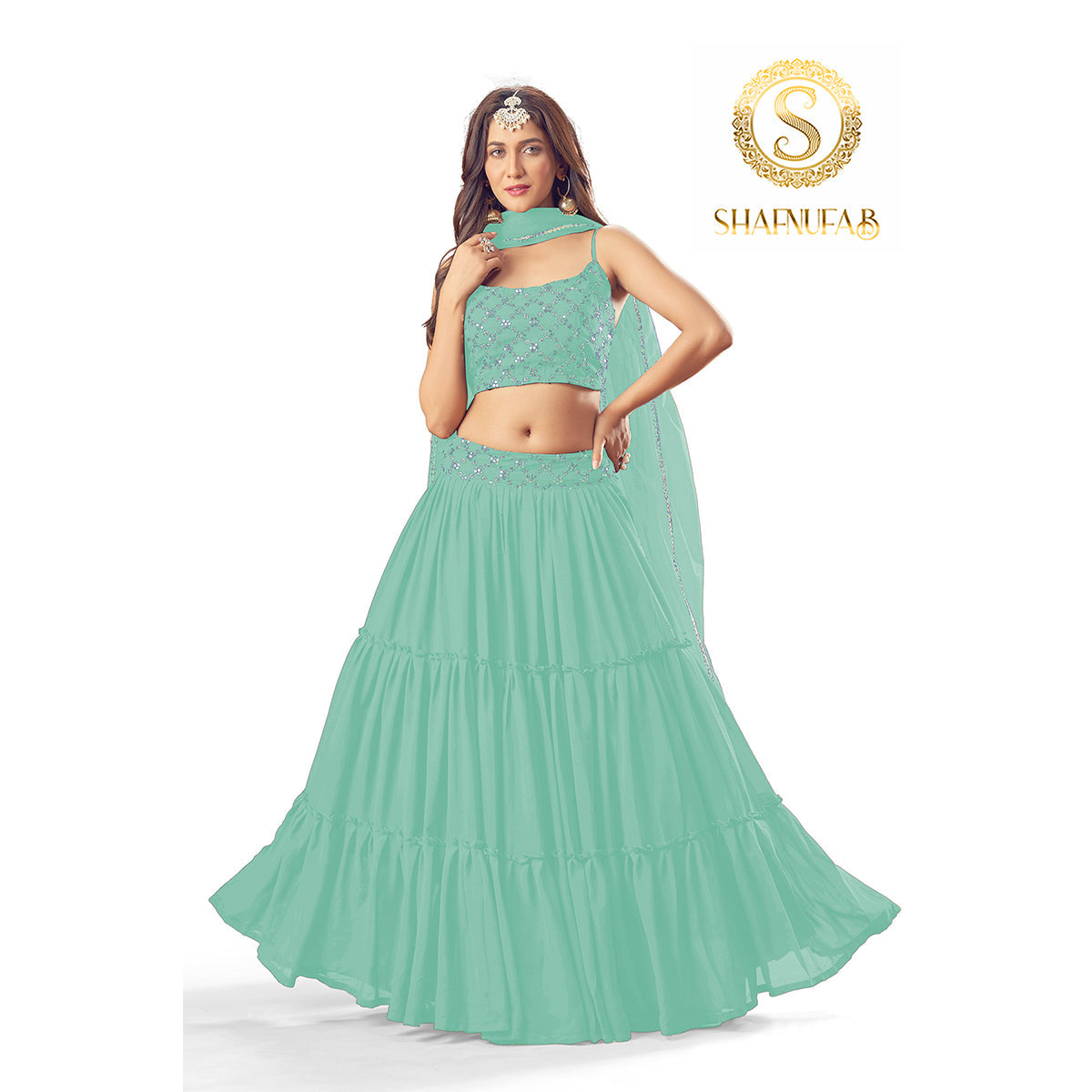 Shafnufab Women's Georgette Sky Blue Colour Partywear Lehenga Choli