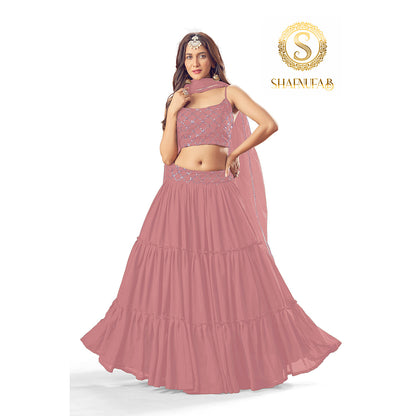 Shafnufab Women's Georgette Peach Colour Partywear Lehenga Choli