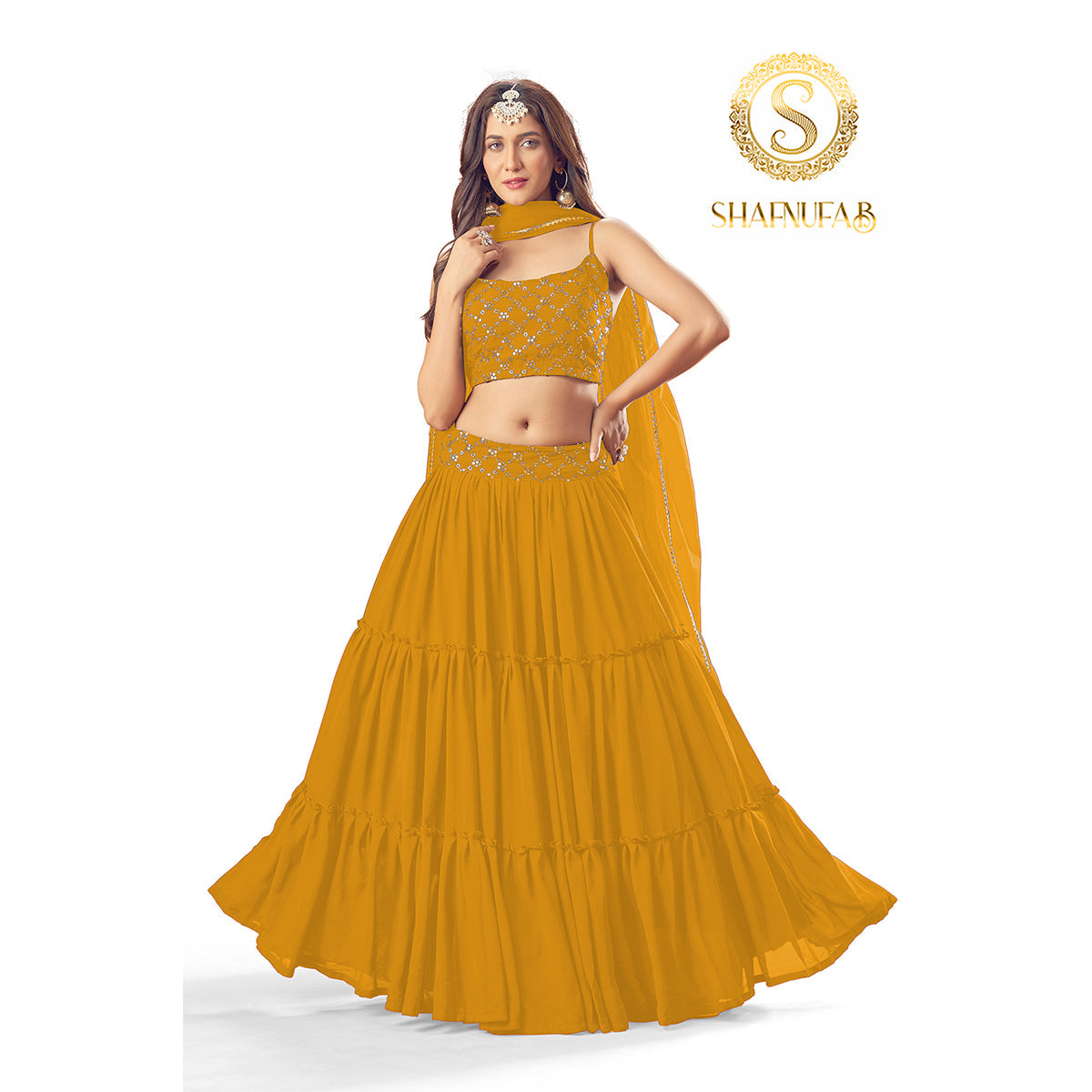 Shafnufab Women's Georgette Yellow Colour Partywear Lehenga Choli