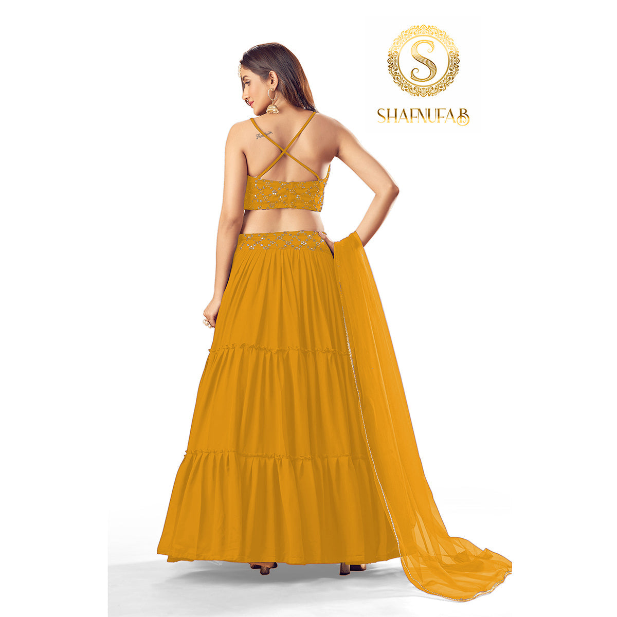 Shafnufab Women's Georgette Yellow Colour Partywear Lehenga Choli