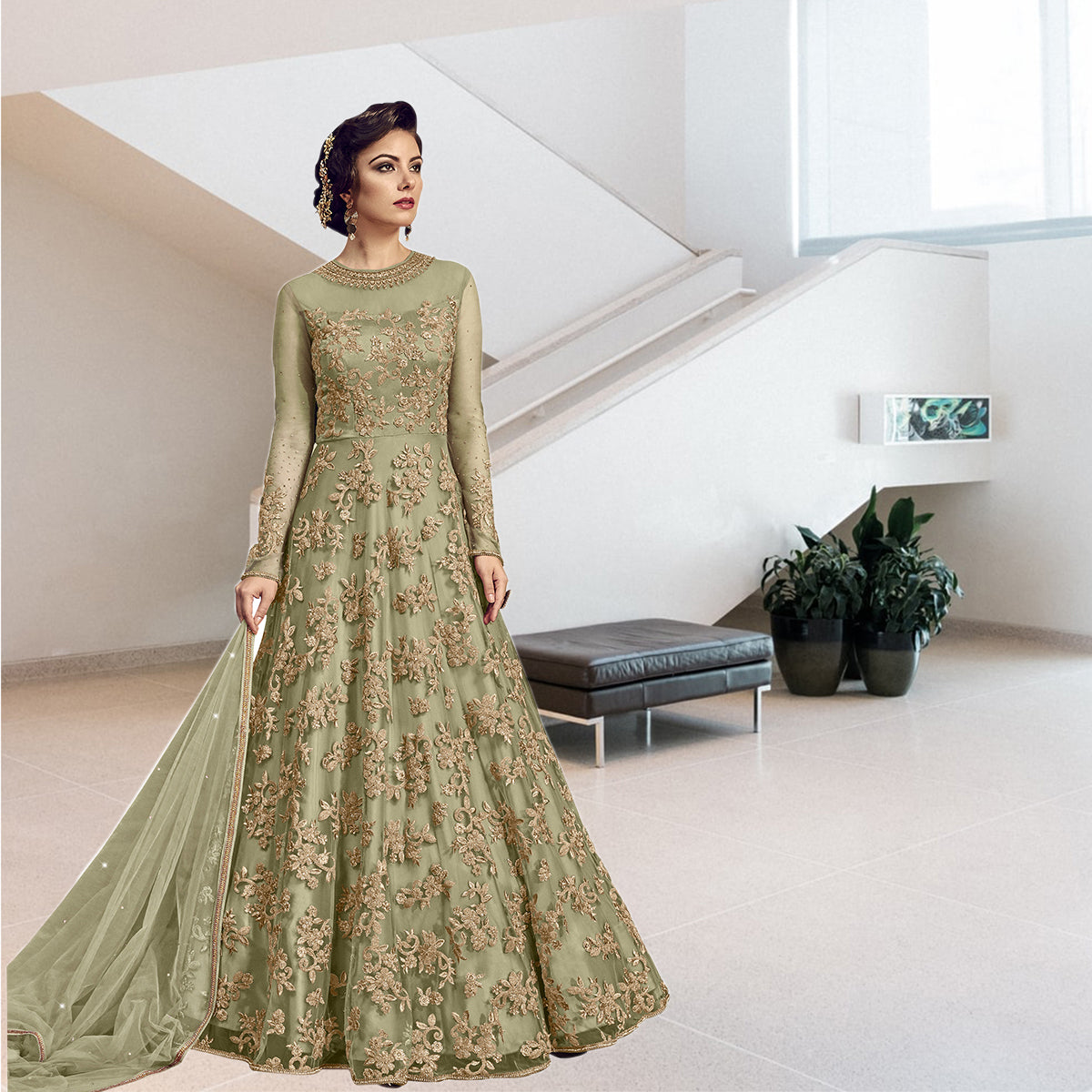 Shafnufab Light Green heavy embroidered designer  Anarkali gown