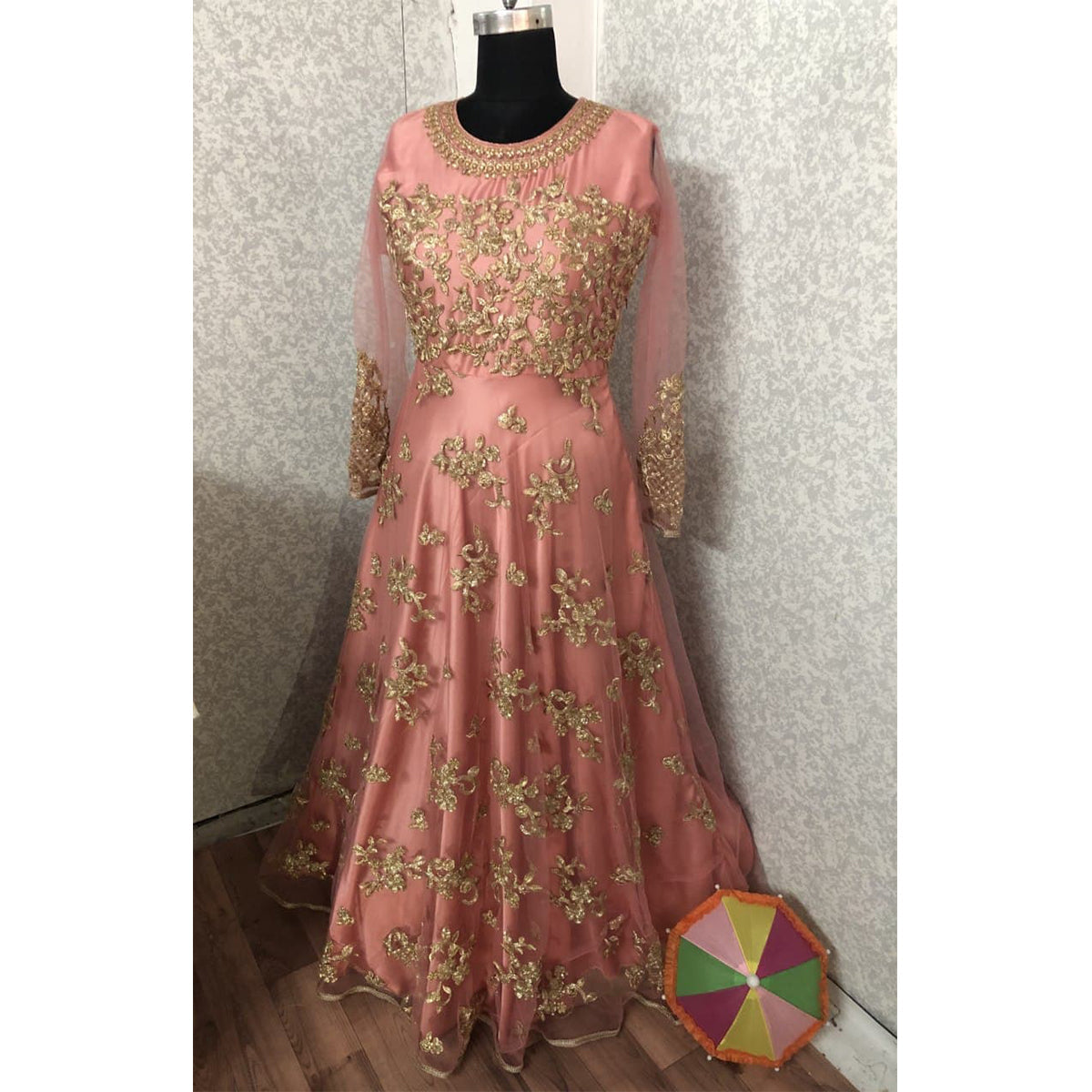 Shafnufab Peach heavy embroidered designer  Anarkali gown