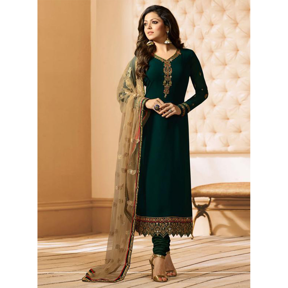 Shafnufab Dark Green Fancy Embroidery Faux Georgette Semi Stitched A-Line Salwar Suit
