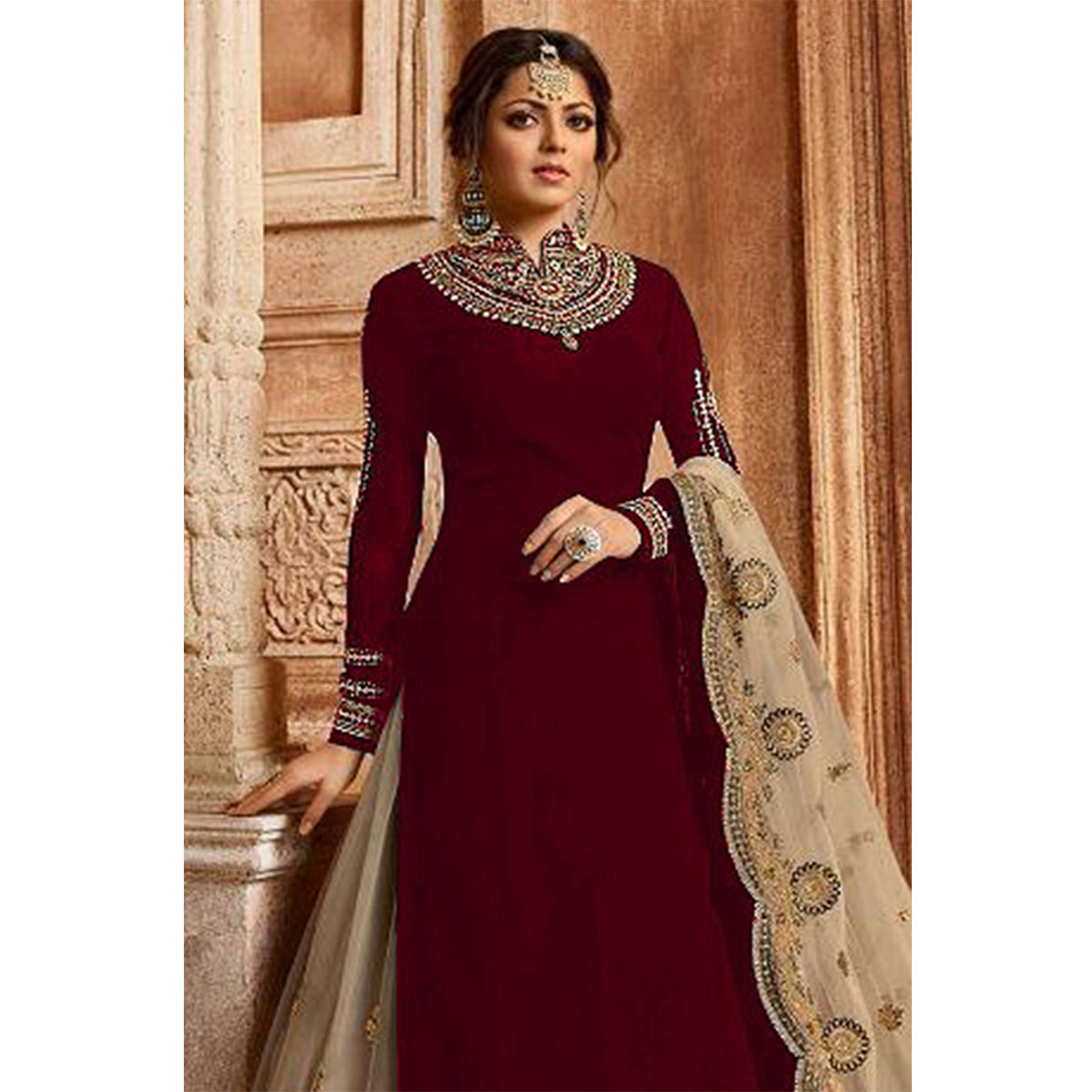 Shafnufab Embroidered Georgette Lehenga in Maroon