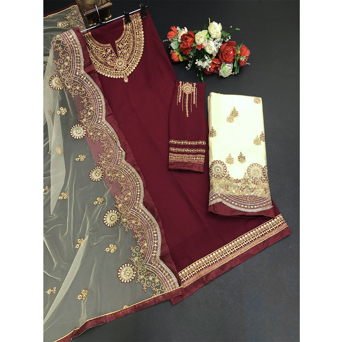 Shafnufab Embroidered Georgette Lehenga in Maroon