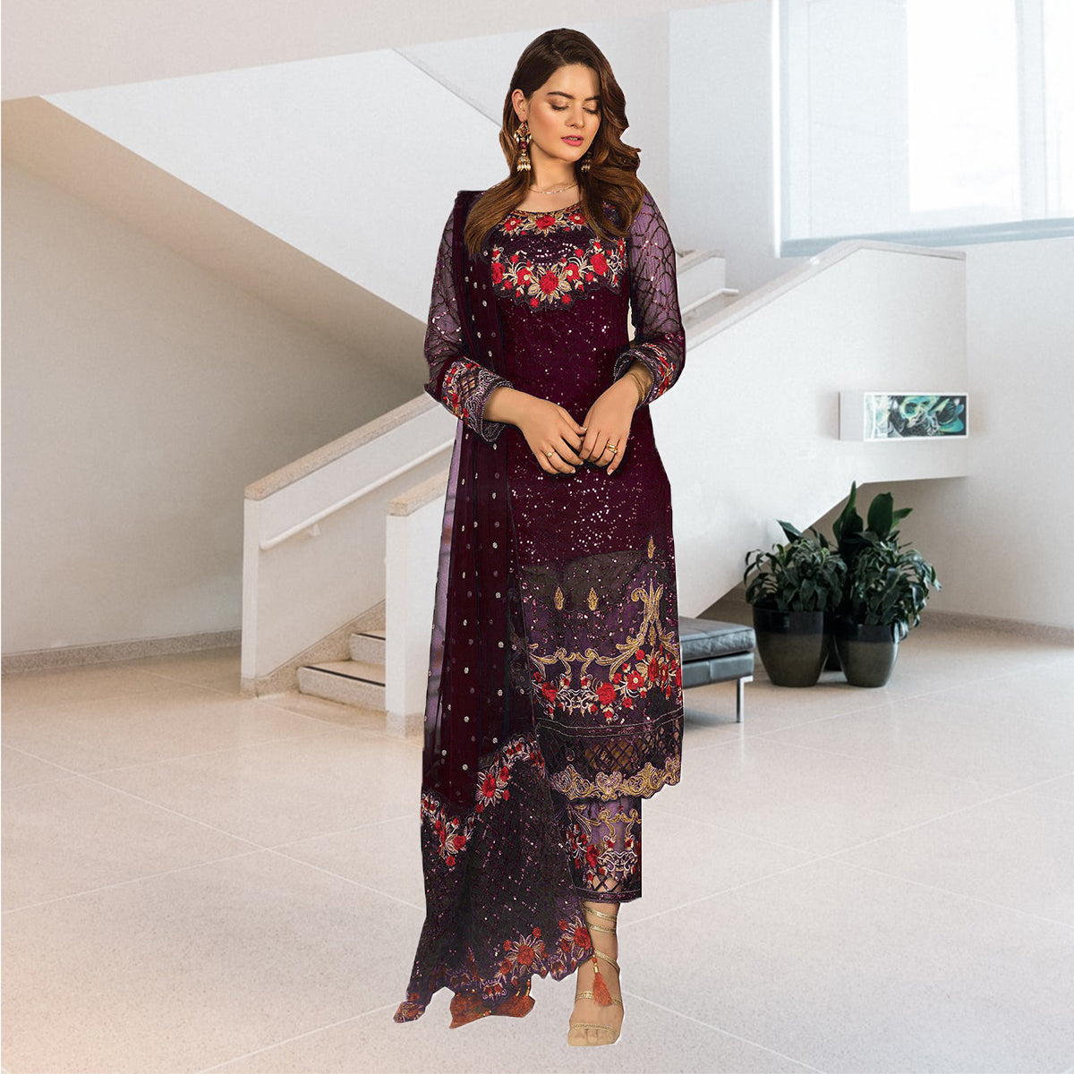 Shafnufab Purple Party Wear Designer Heavy Georgette Straight Salwar Suit