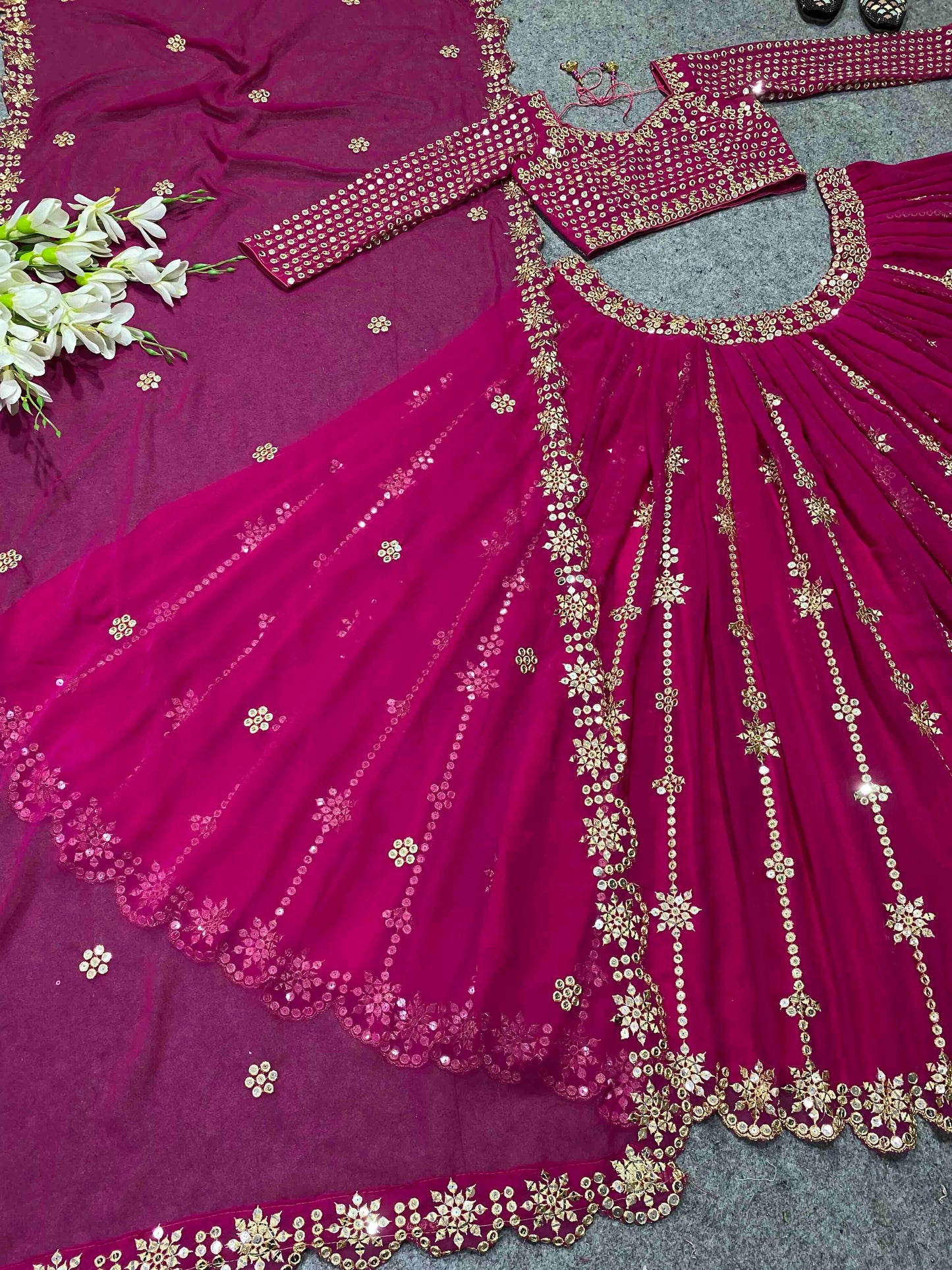 Shafnufab Women's Georgette Semi Stitched Lehenga Choli  In  Rani Pink  Colour SF218103