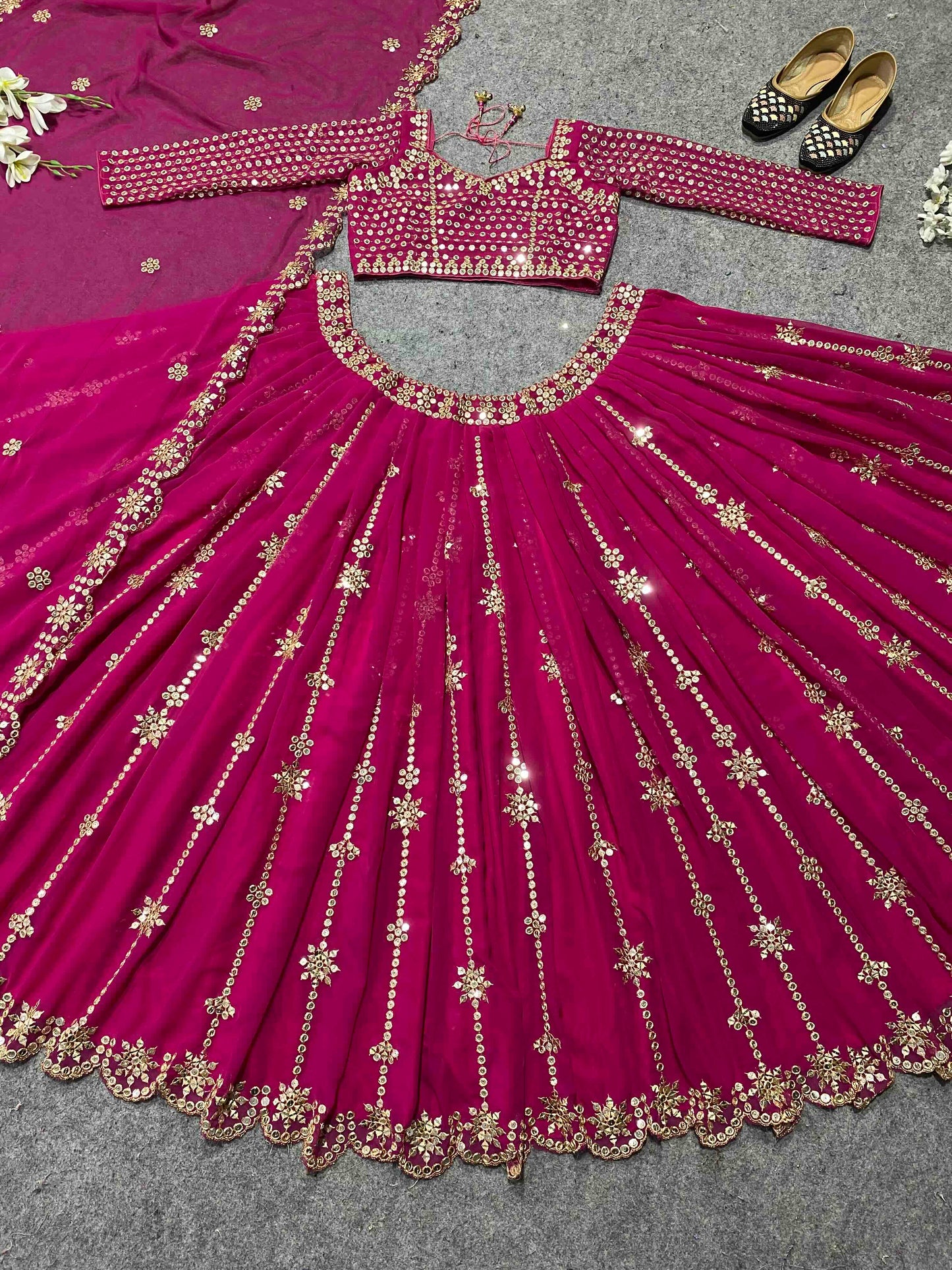 Shafnufab Women's Georgette Semi Stitched Lehenga Choli  In  Rani Pink  Colour SF218103