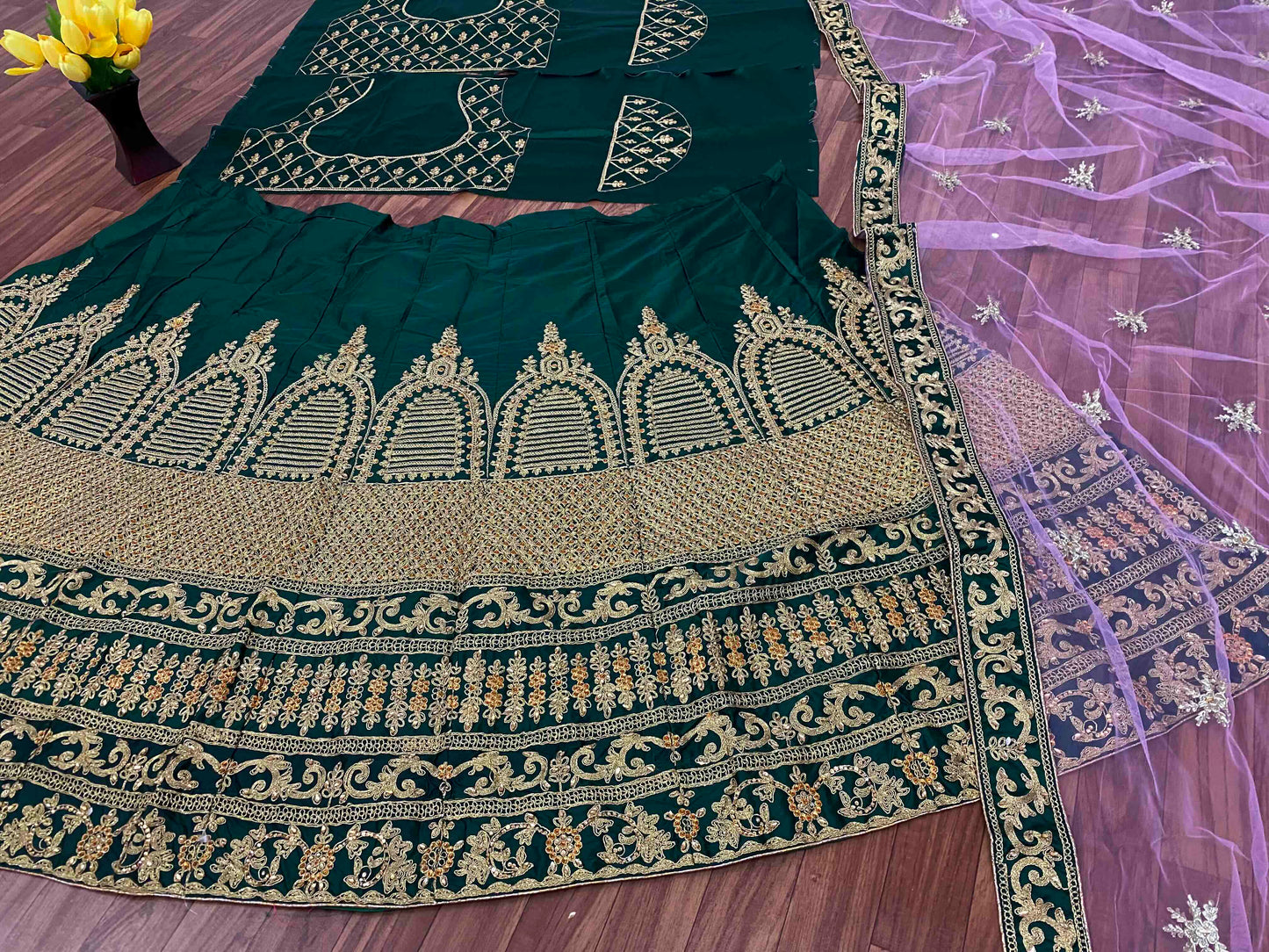 Shafnufab Women's Malay Satin Silk Semi Stitched Lehenga Choli  In  Green  Colour SF218109