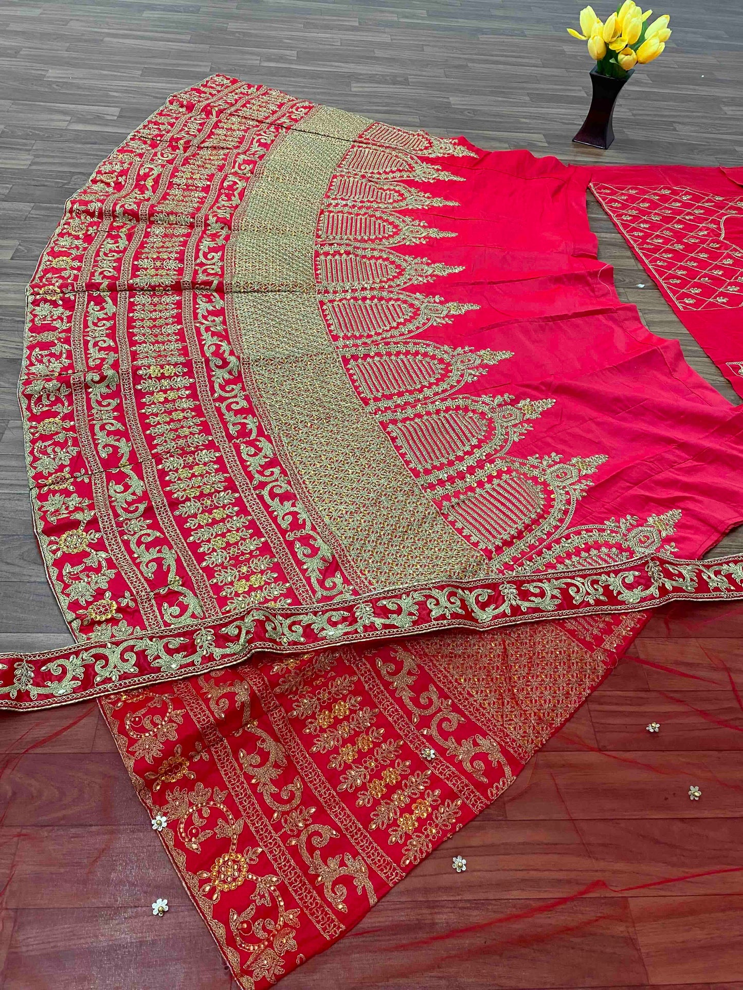 Shafnufab Women's Malay Satin Silk Semi Stitched Lehenga Choli  In  Red  Colour SF218111