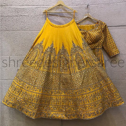 Shafnufab Women's Malay Satin Silk Semi Stitched Lehenga Choli  In  Yellow  Colour SF218112