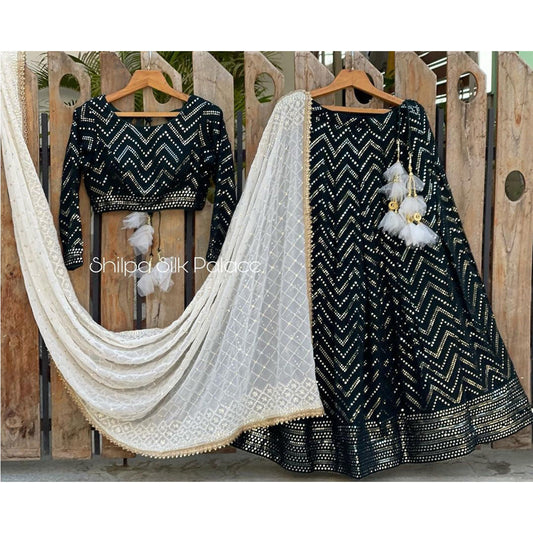 Shafnufab Women's Malay Satin Silk Semi Stitched Lehenga Choli  In  Black  Colour SF218116