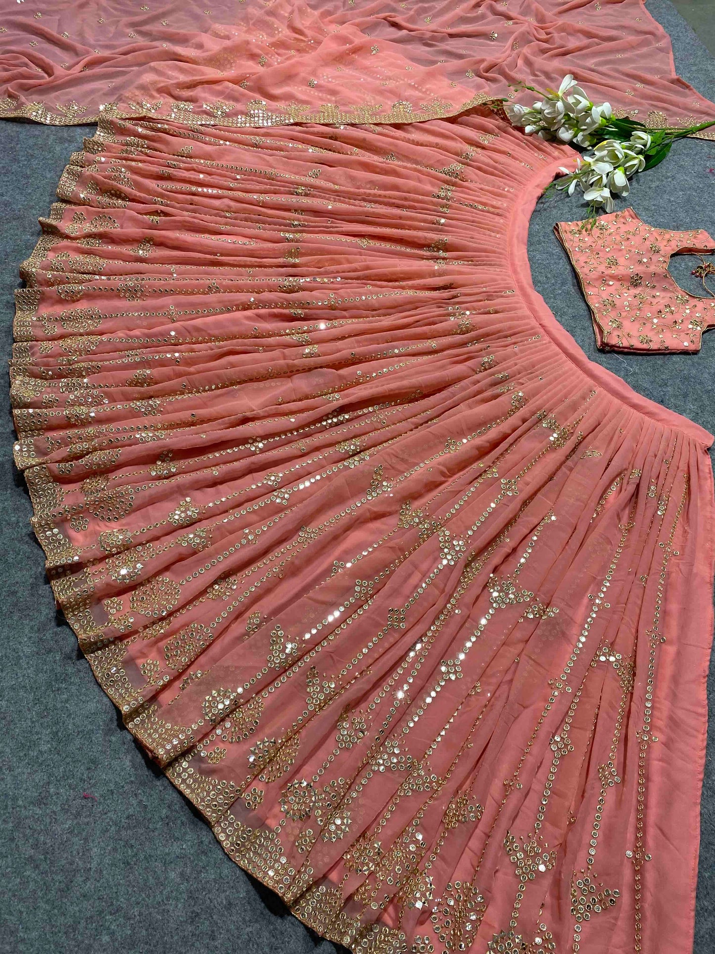 Shafnufab Women's Georgette Semi Stitched Lehenga Choli  In  Orange  Colour SF218132
