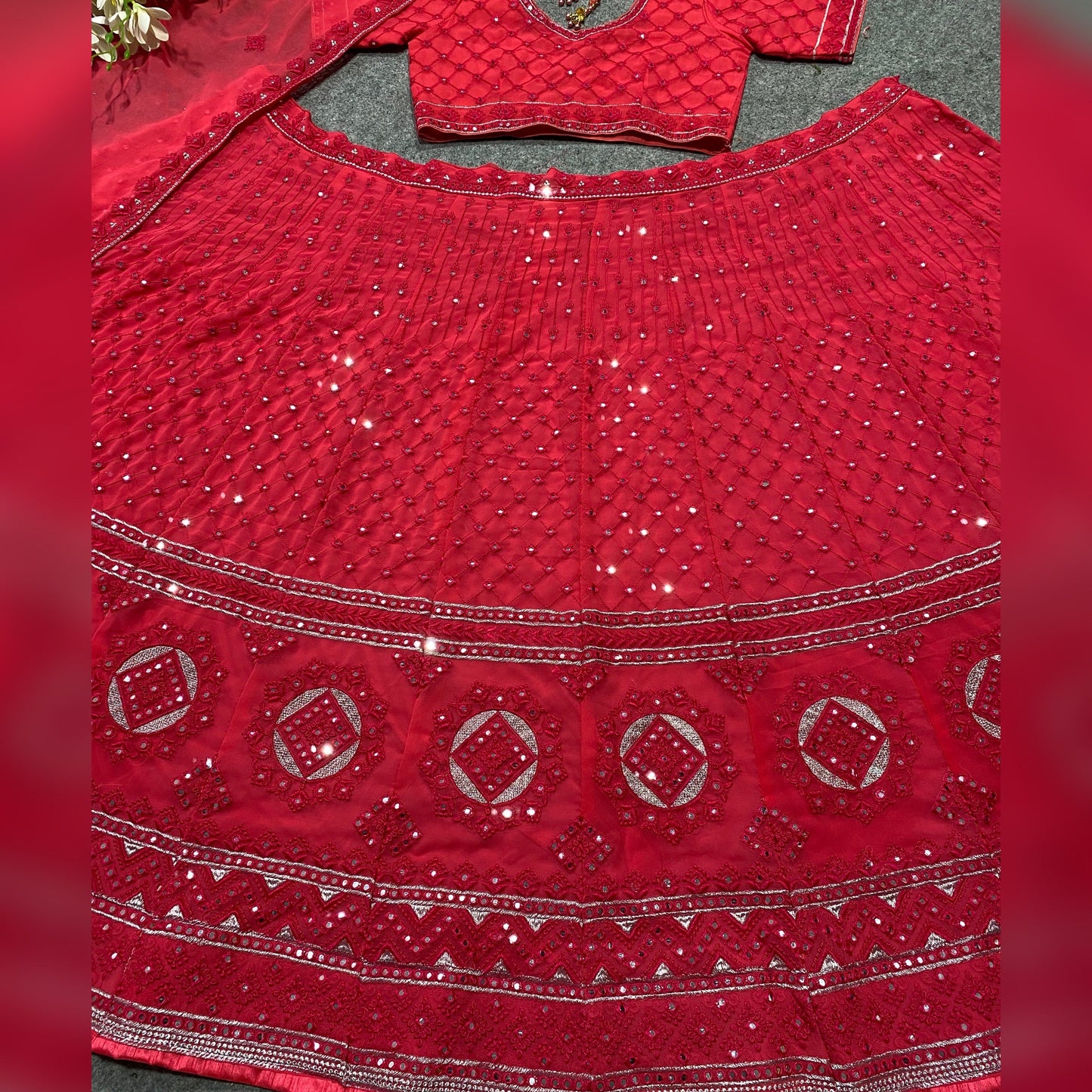 Shafnufab Women's Georgette Semi Stitched Lehenga Choli  In  Red  Colour SF218140