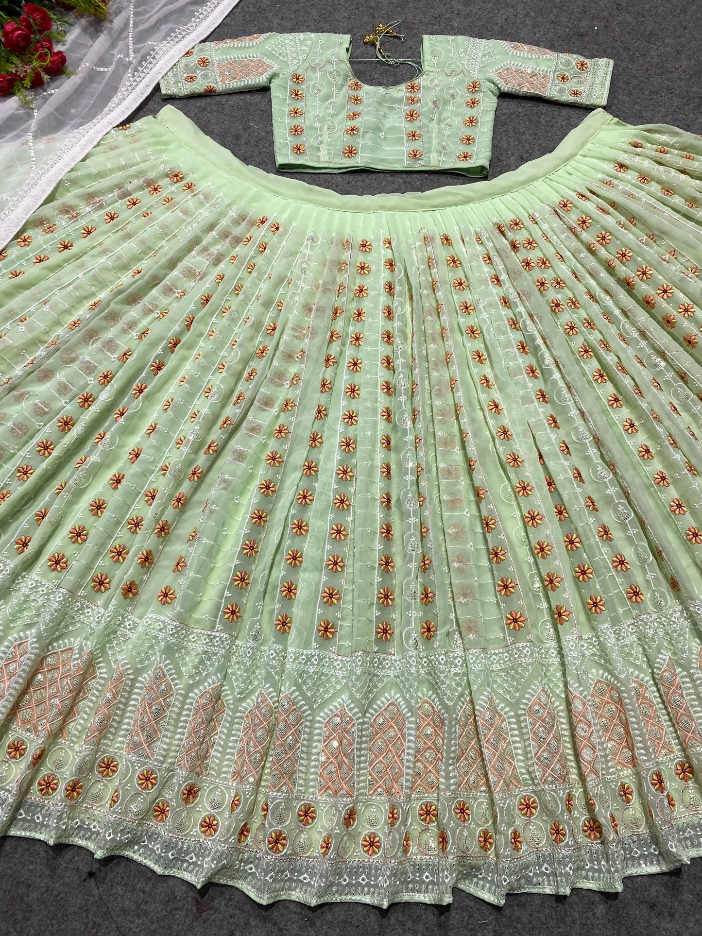 Shafnufab Women's Georgette Semi Stitched Lehenga Choli  In  Green  Colour SF218146