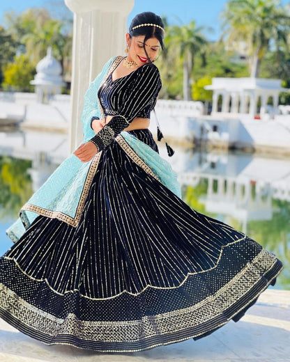 Shafnufab Women's viscose Velvet Semi Stitched Lehenga Choli  In  Black  Colour SF218171