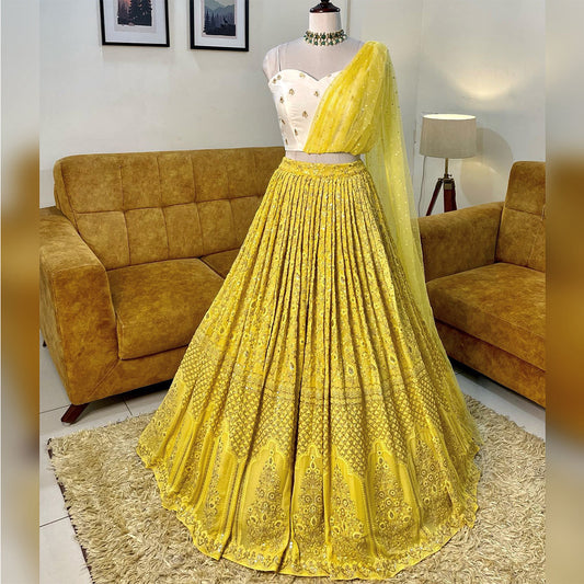 Shafnufab Women's Georgette Semi Stitched Lehenga Choli  In  Yellow  Colour SF218185