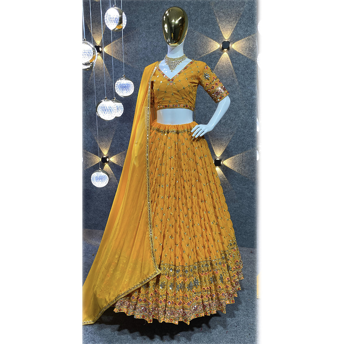 Shafnufab Women's Georgette Semi Stitched Lehenga Choli  In  Yellow  Colour SF218187