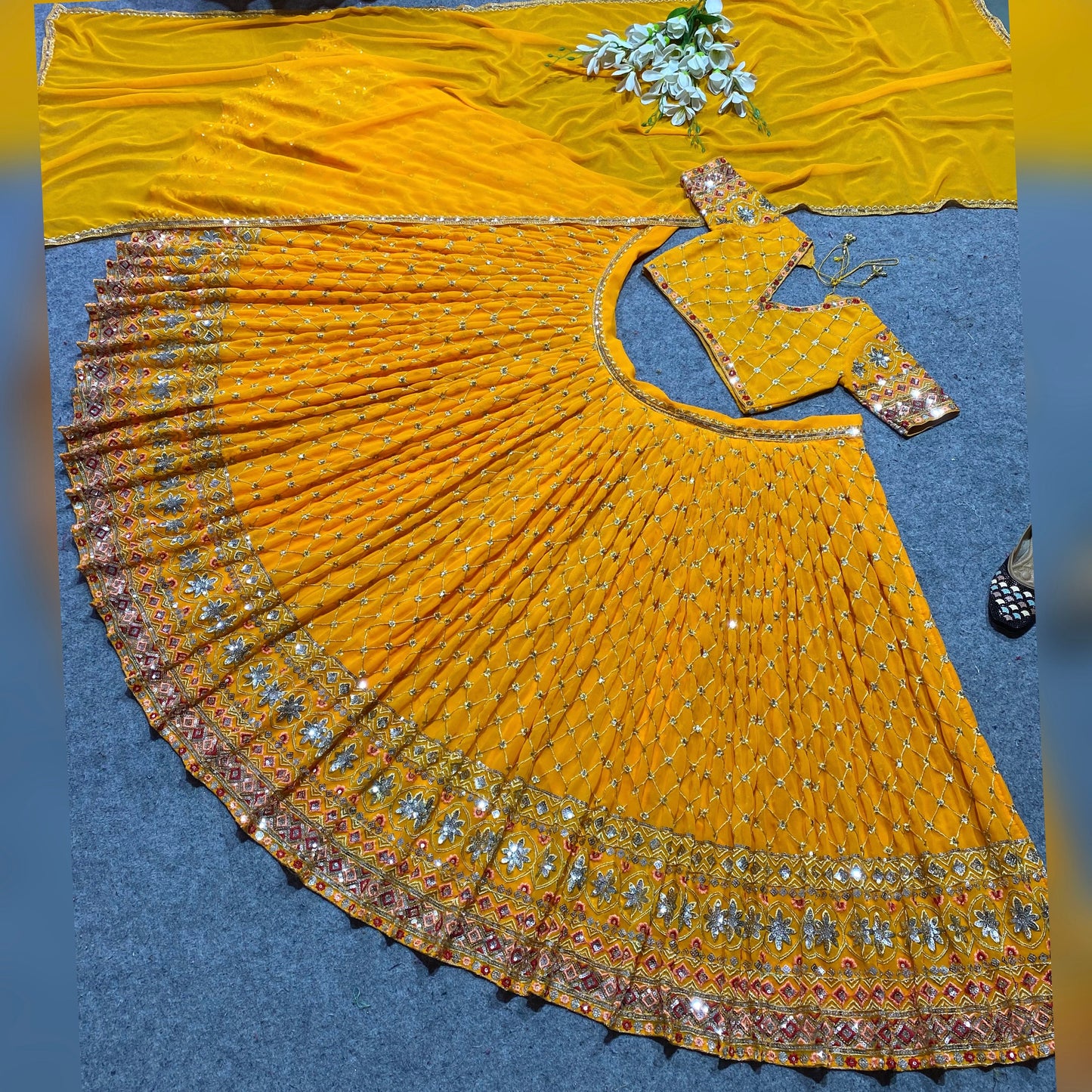 Shafnufab Women's Georgette Semi Stitched Lehenga Choli  In  Yellow  Colour SF218187