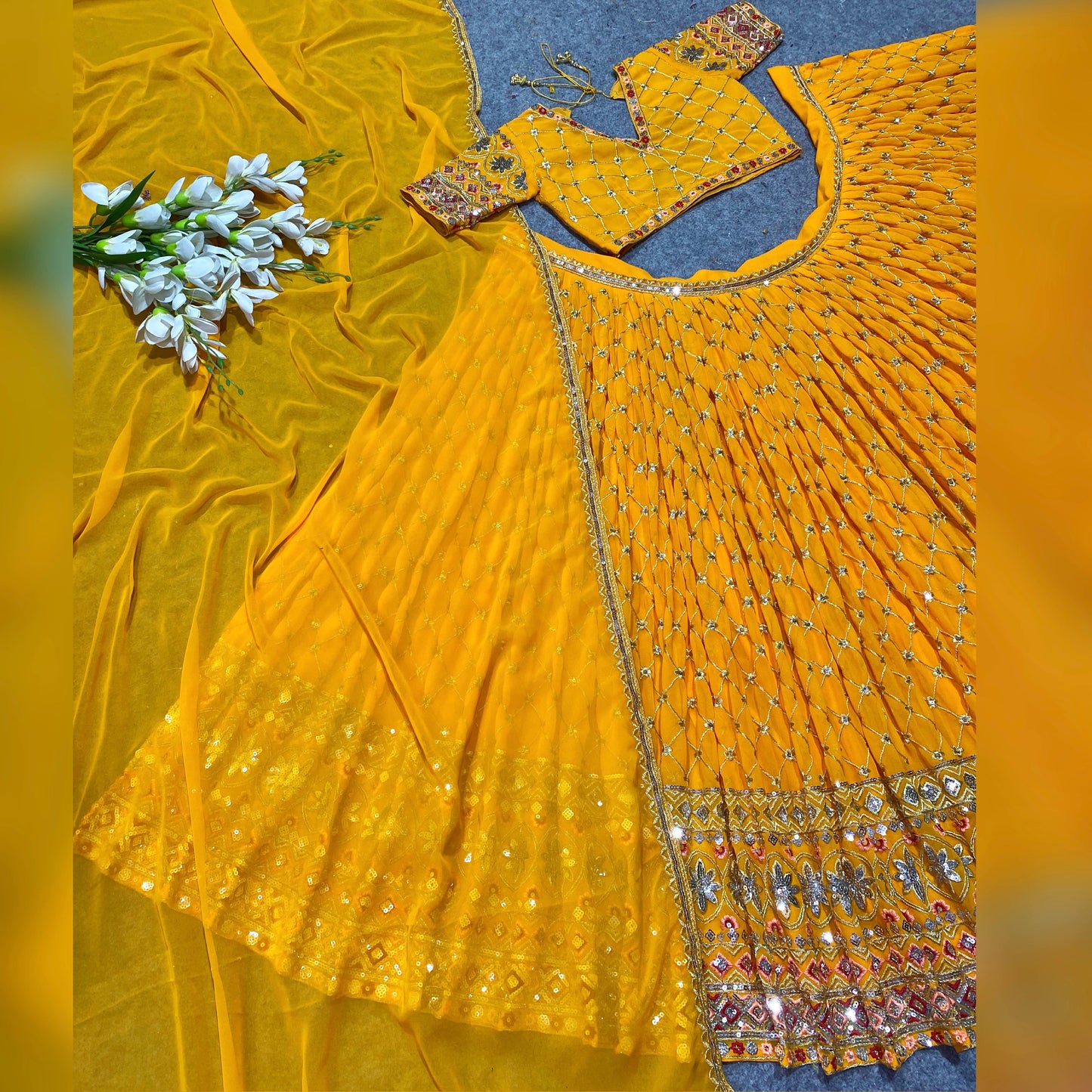 Shafnufab Women's Georgette Semi Stitched Lehenga Choli  In  Yellow  Colour SF218187