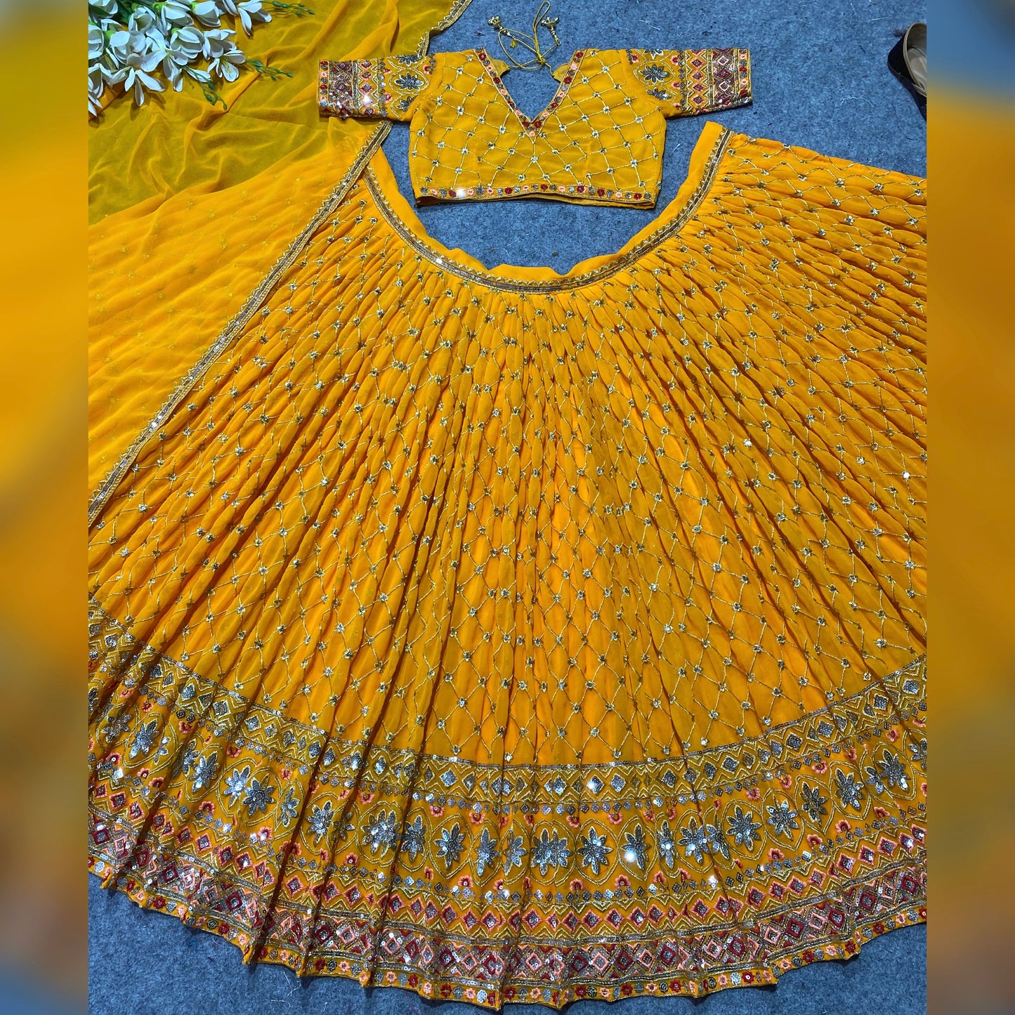 Shafnufab Women's Georgette Semi Stitched Lehenga Choli  In  Yellow  Colour SF218187