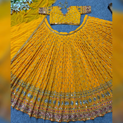 Shafnufab Women's Georgette Semi Stitched Lehenga Choli  In  Yellow  Colour SF218187