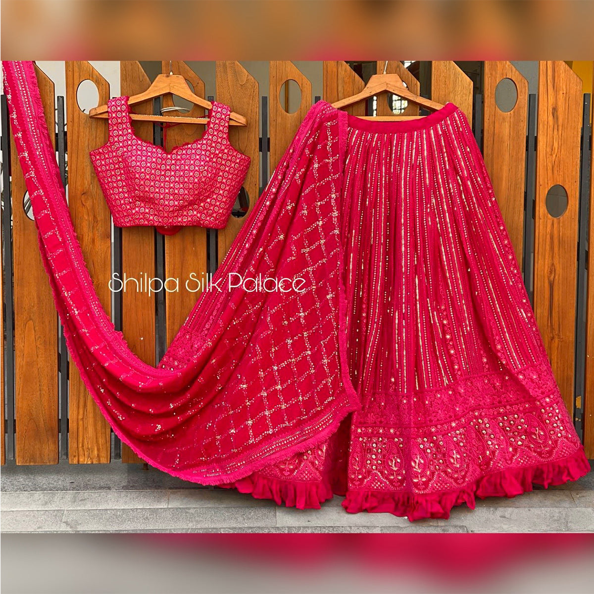 Shafnufab Women's Georgette Semi Stitched Lehenga Choli  In  Pink  Colour SF218191