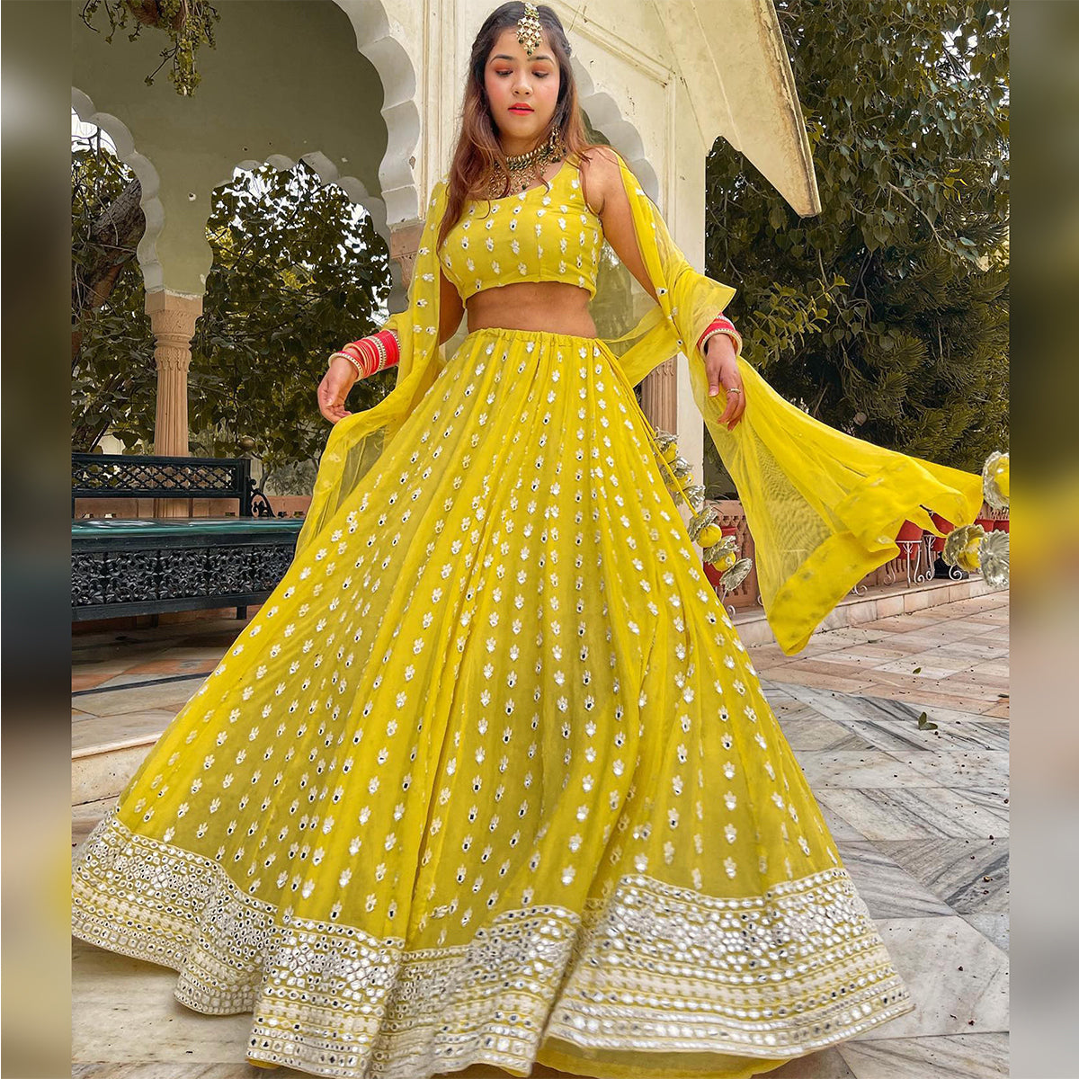 Shafnufab Women's Georgette Semi Stitched Lehenga Choli  In  Yellow  Colour SF218193