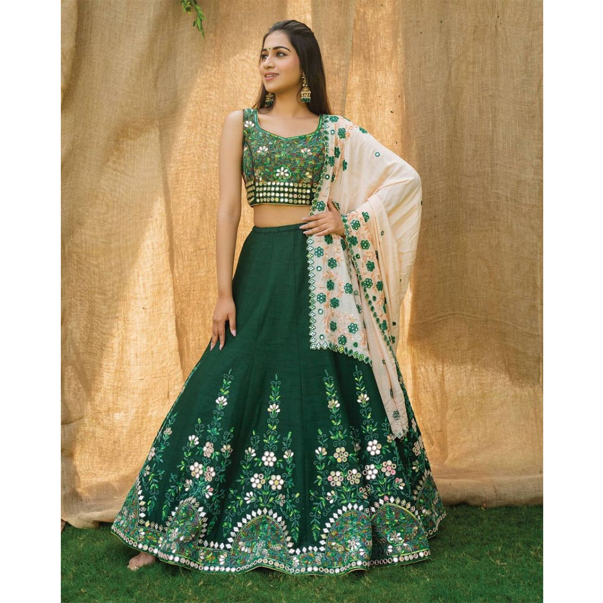 Shafnufab Women's Malay Satin Silk Semi Stitched Lehenga Choli  In  Green  Colour SF218202