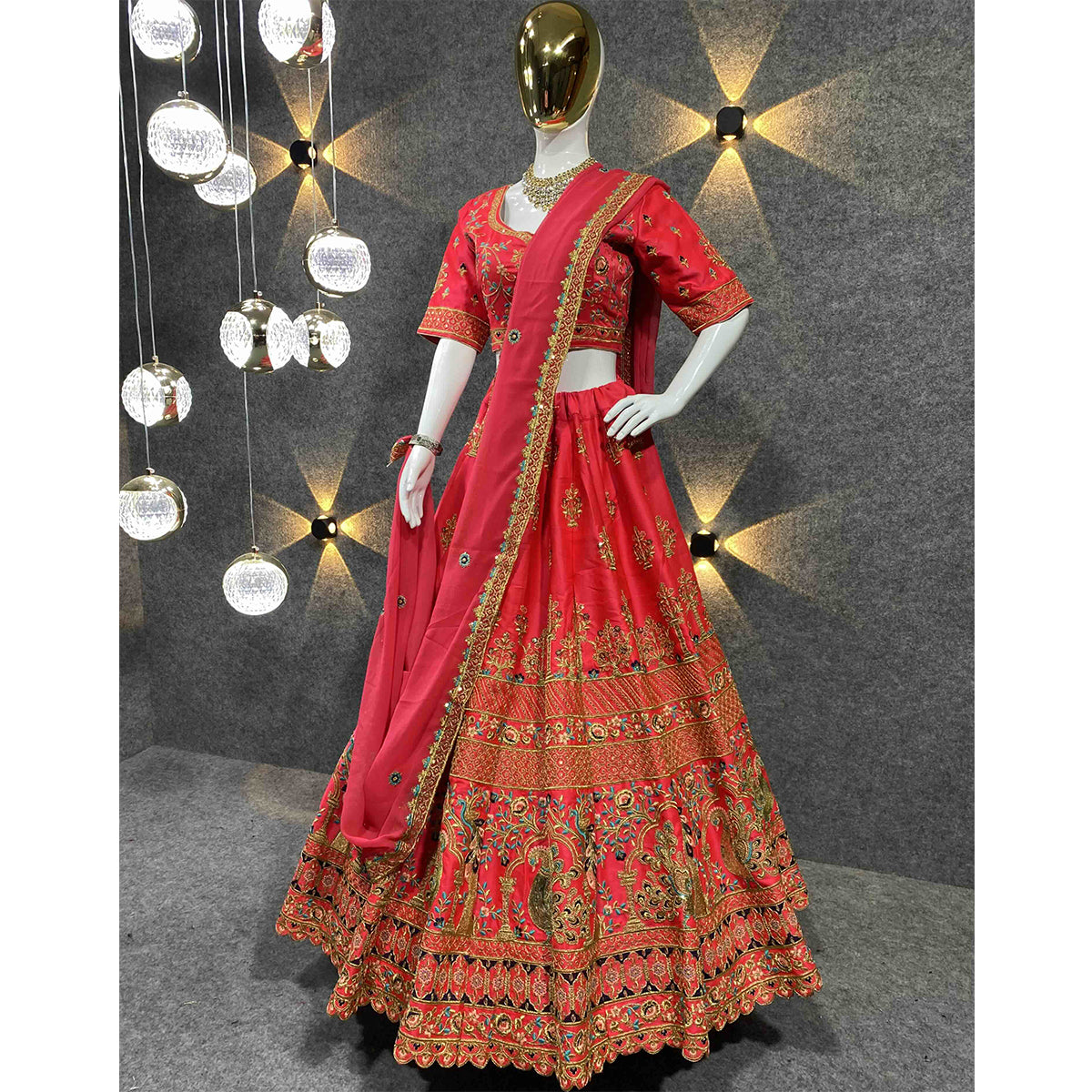 Shafnufab Women's Malay Satin Silk Semi Stitched Lehenga Choli  In  Red  Colour SF218206