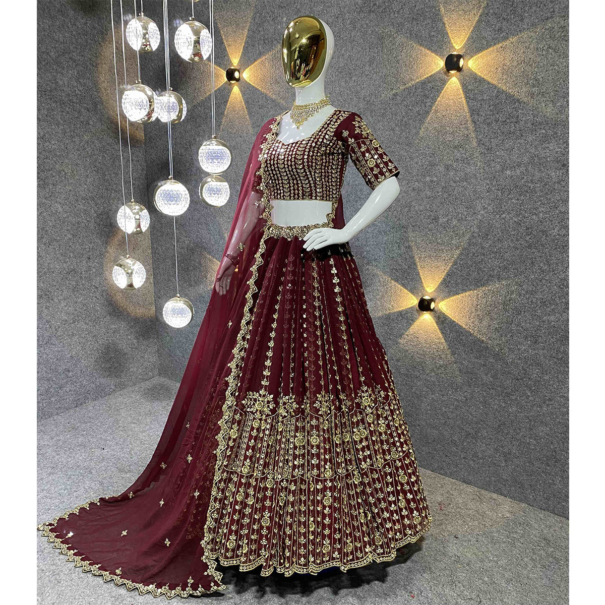 Shafnufab Women's Georgette Semi Stitched Lehenga Choli  In  Maroon  Colour SF218211