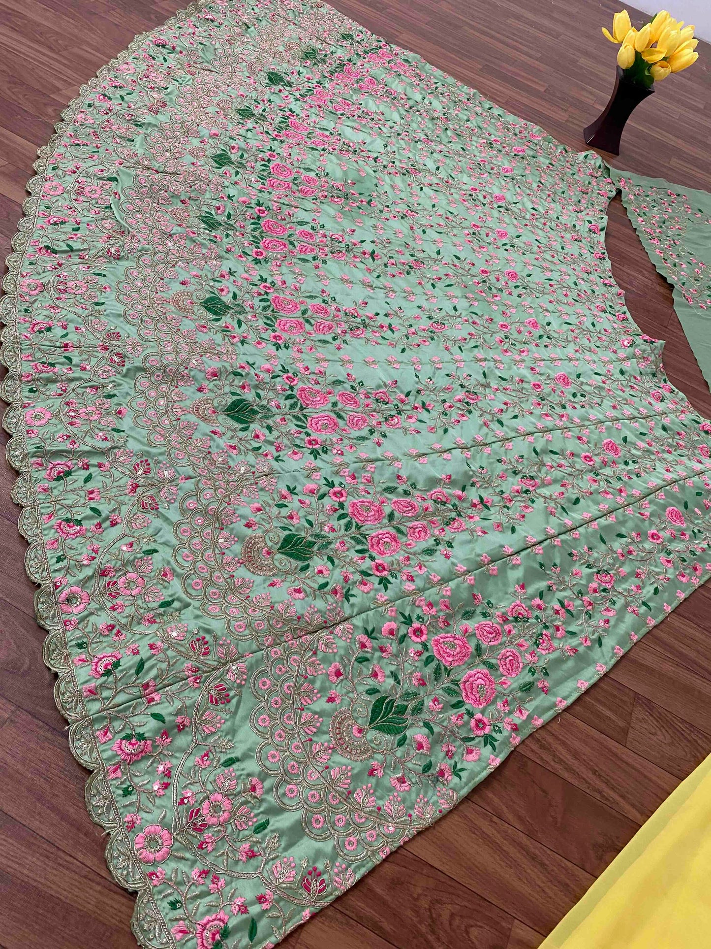 Shafnufab Women's Satin Silk Semi Stitched Lehenga Choli  In  light green  Colour SF21830