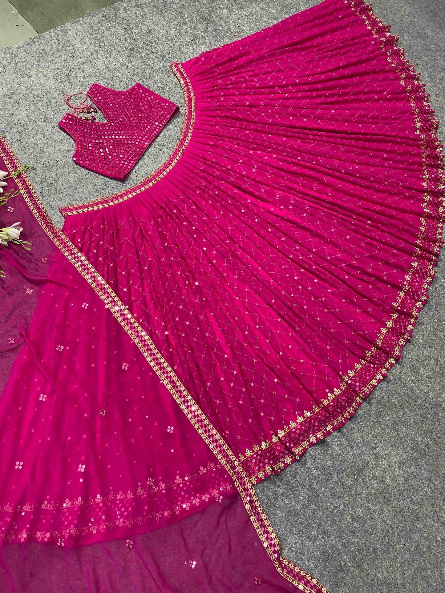 Shafnufab Women's Georgette Semi Stitched Lehenga Choli  In  Rani pink  Colour SF21845
