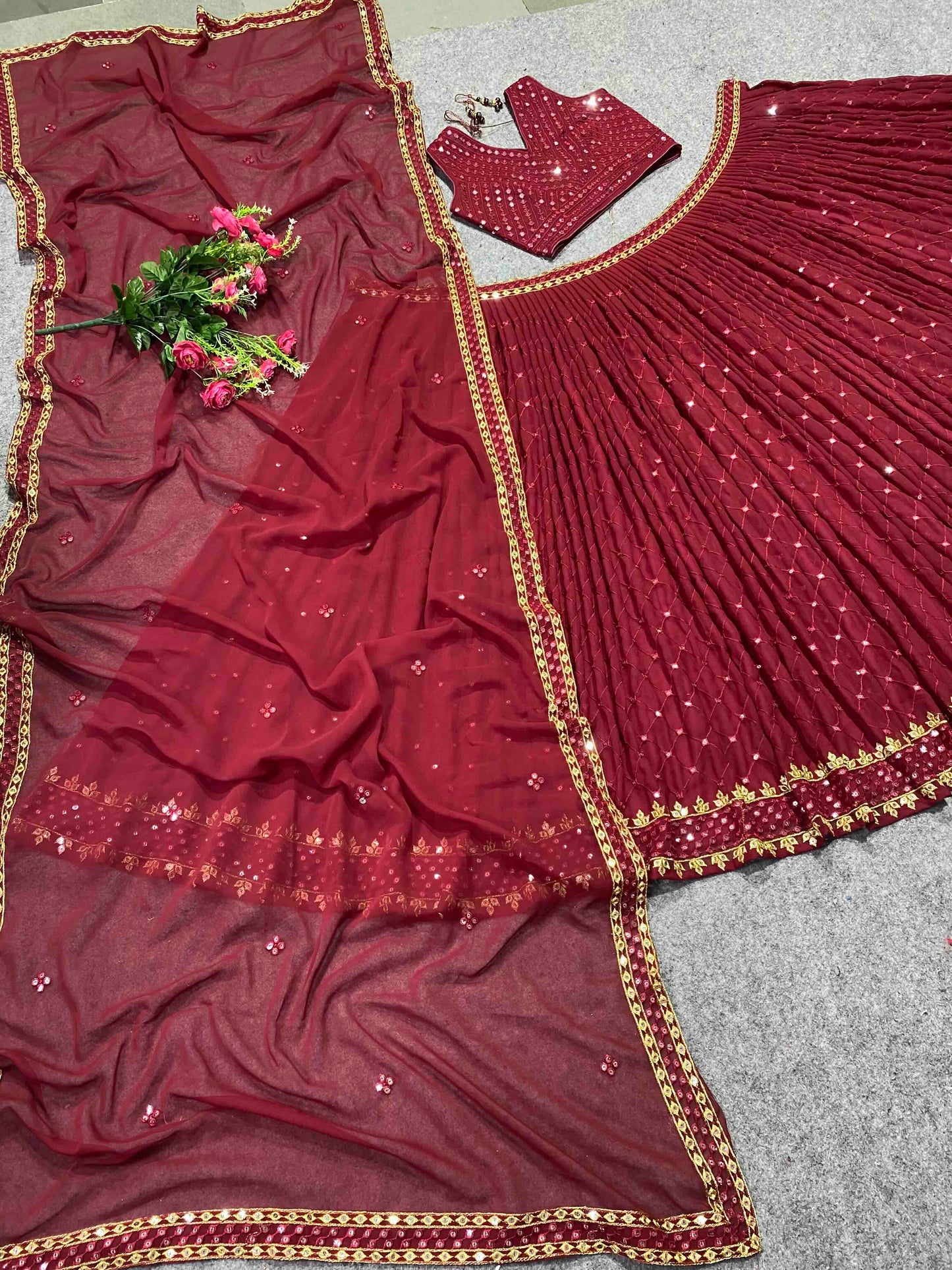 Shafnufab Women's Georgette Semi Stitched Lehenga Choli  In  Maroon  Colour SF21846