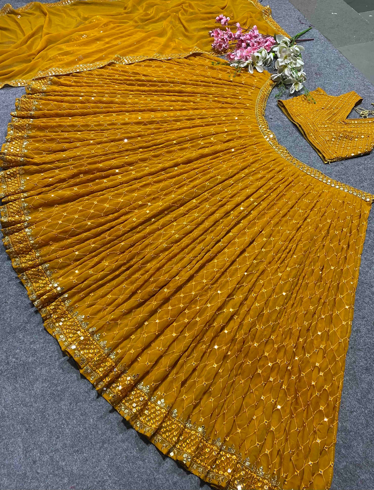 Shafnufab Women's Georgette Semi Stitched Lehenga Choli  In  Yellow  Colour SF21848