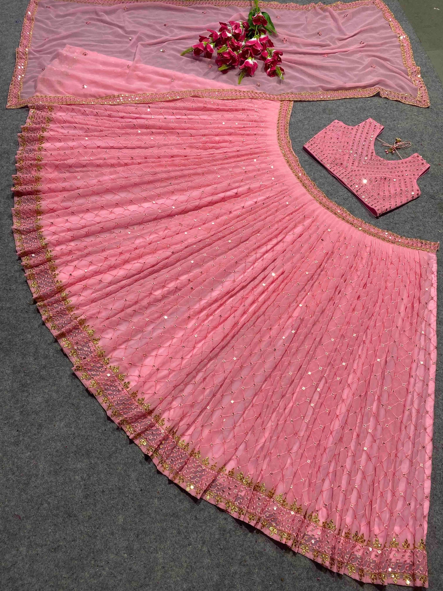 Shafnufab Women's Georgette Semi Stitched Lehenga Choli  In  Peach  Colour SF21851