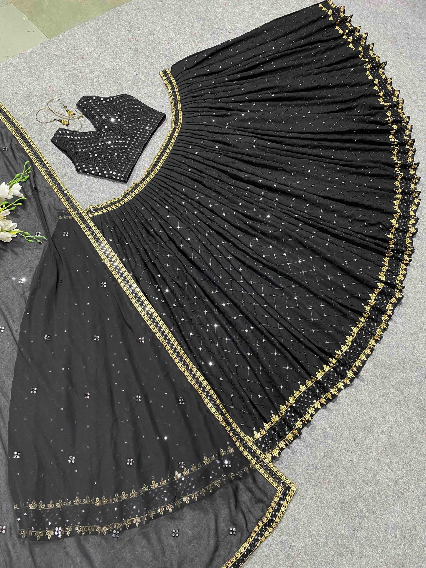 Shafnufab Women's Georgette Semi Stitched Lehenga Choli  In  Black  Colour SF21853