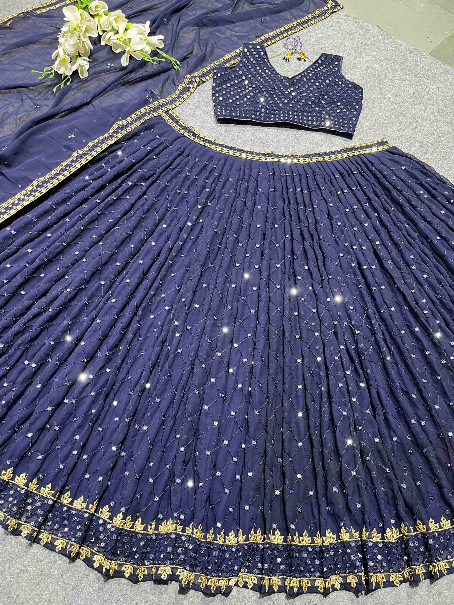 Shafnufab Women's Georgette Semi Stitched Lehenga Choli  In  Blue  Colour SF21854