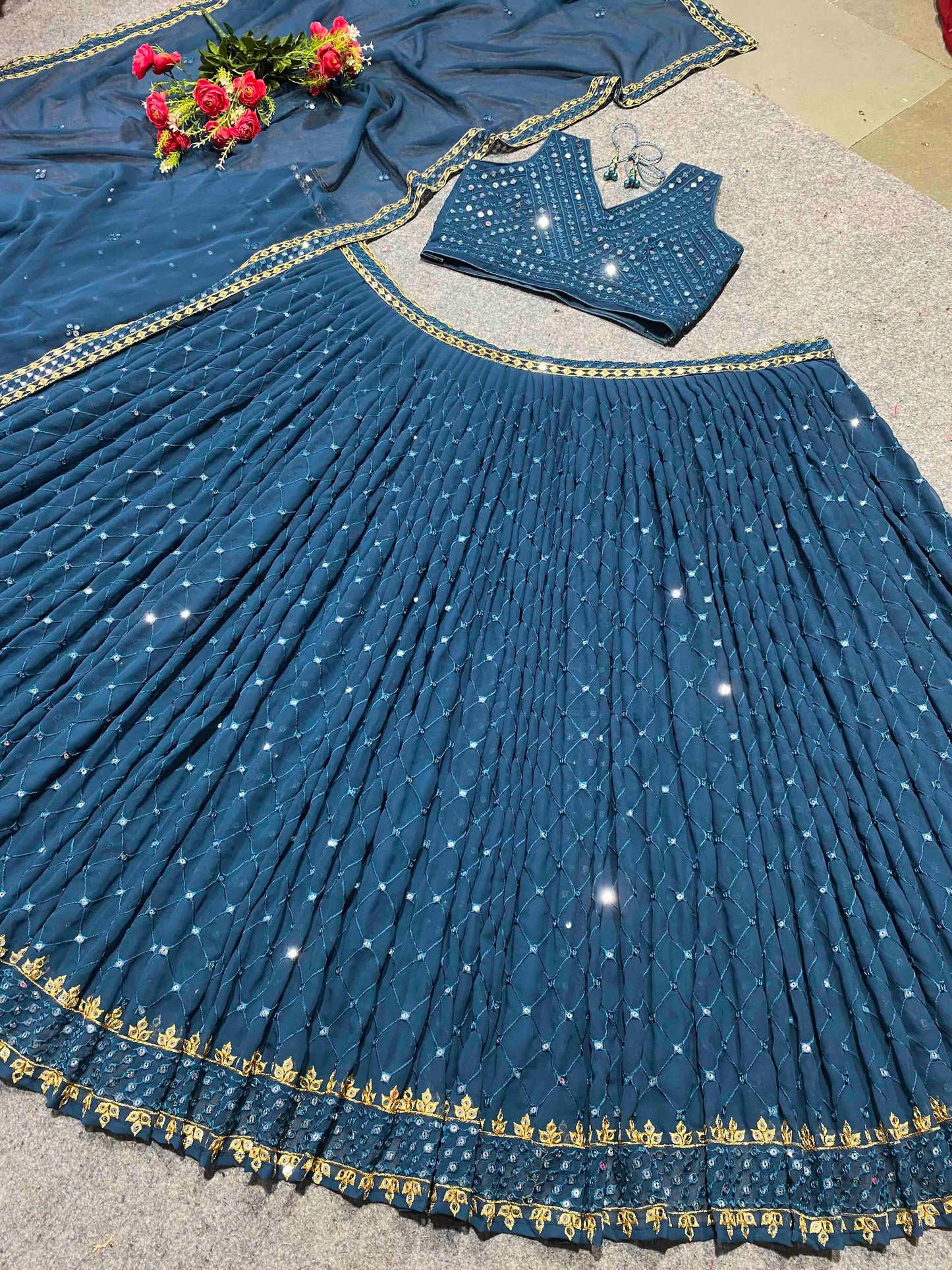Shafnufab Women's Georgette Semi Stitched Lehenga Choli  In  Turquoise  Colour SF21855