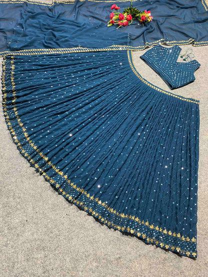 Shafnufab Women's Georgette Semi Stitched Lehenga Choli  In  Turquoise  Colour SF21855