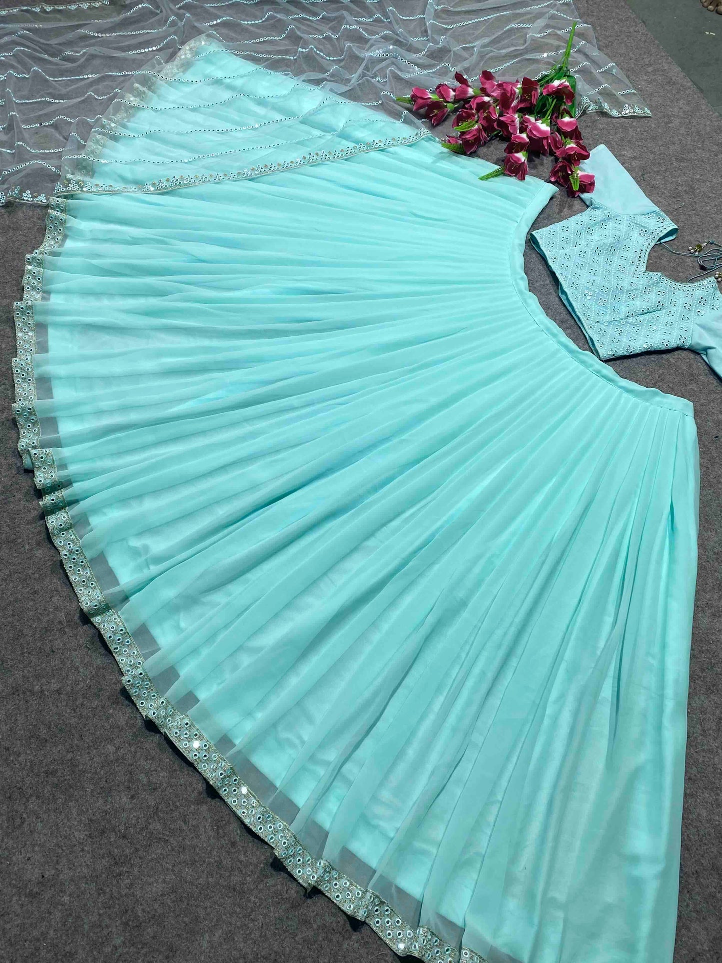 Shafnufab Women's Georgette Semi Stitched Lehenga Choli  In  Sky blue  Colour SF21863