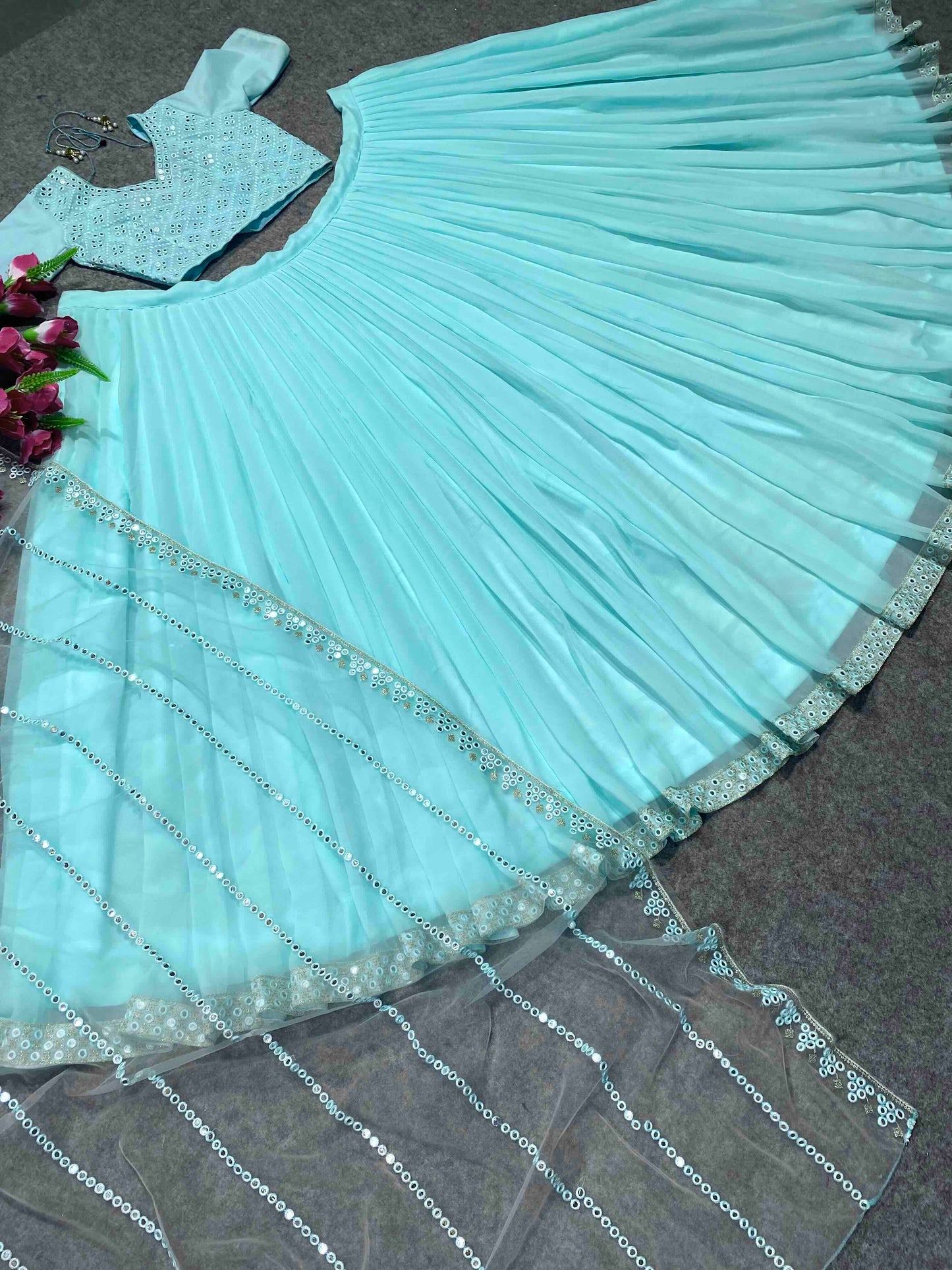 Shafnufab Women's Georgette Semi Stitched Lehenga Choli  In  Sky blue  Colour SF21863