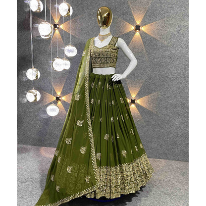 Shafnufab Women's Georgette Semi Stitched Lehenga Choli  In  Mahendi  Colour SF21880